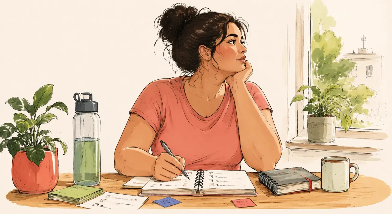 Woman sitting at a kitchen table holding a coffee mug reflecting during early morning routine