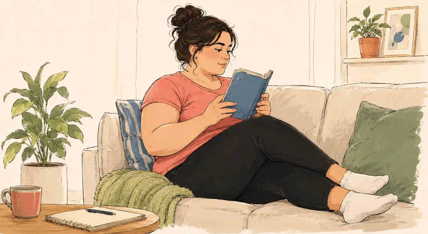 Smiling woman reading educational content on a tablet digital screen in a bright room