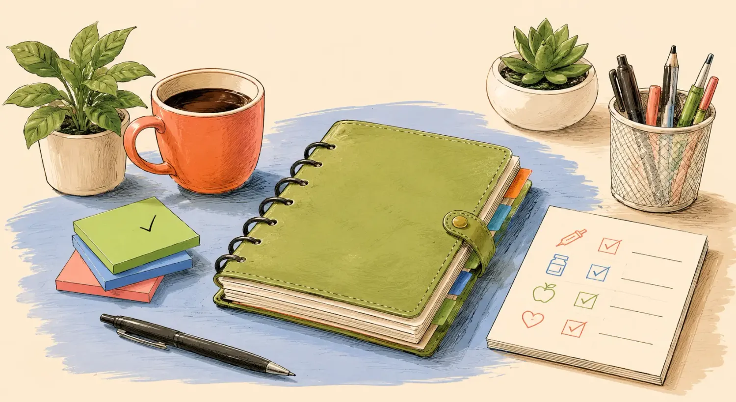 An open paper journal diary with a premium pen sitting on a warm workspace desk with plants