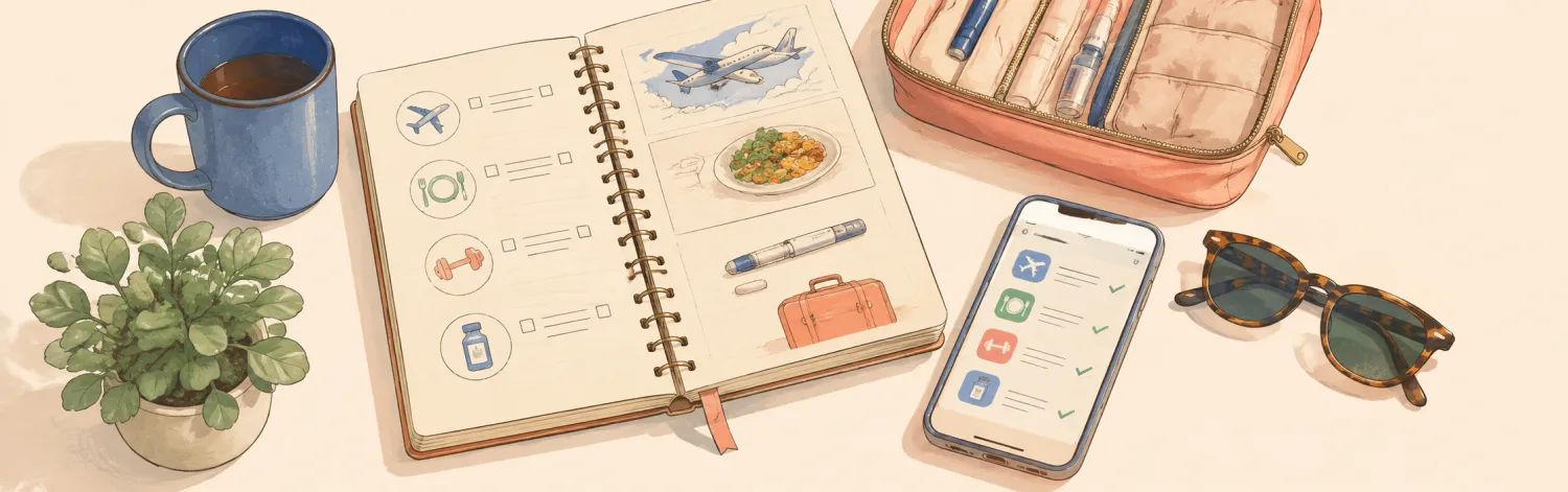 Open planner workbook with structured routines next to a coffee cup on a premium workspace table layout
