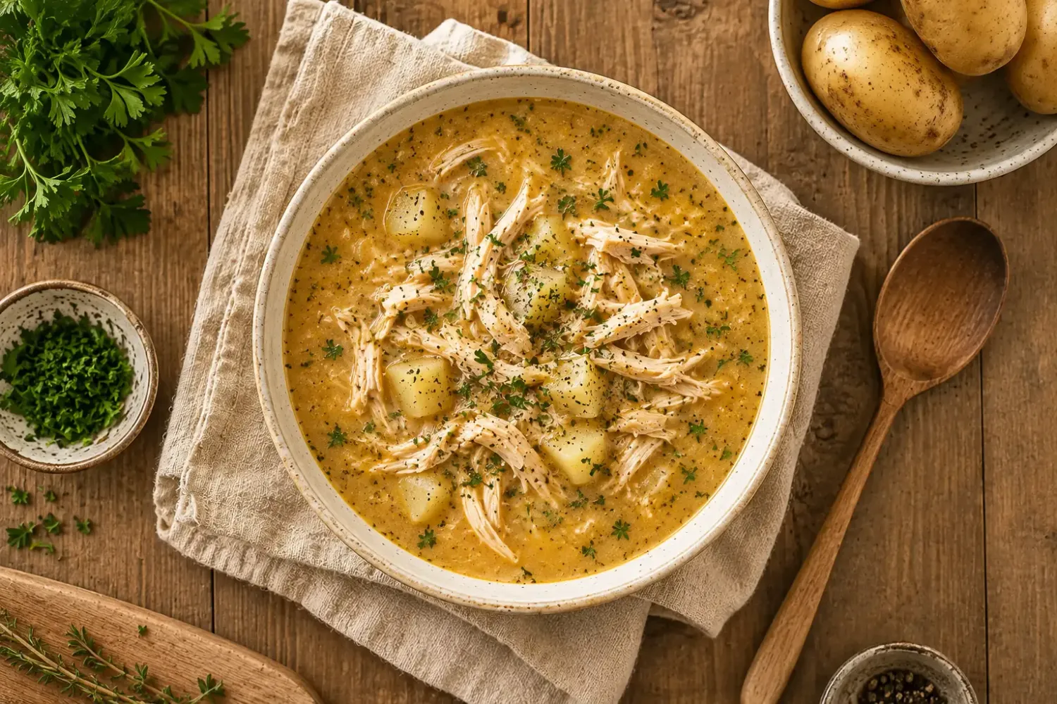 Cozy Chicken and Potato Comfort Soup in a bowl with a linen napkin