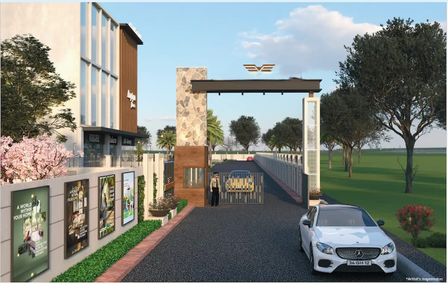 Gated township entrance with landscaped surroundings
