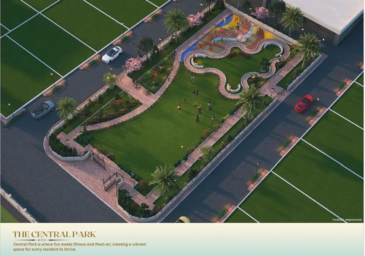 Central park with landscaped paths and sports lawns in the township