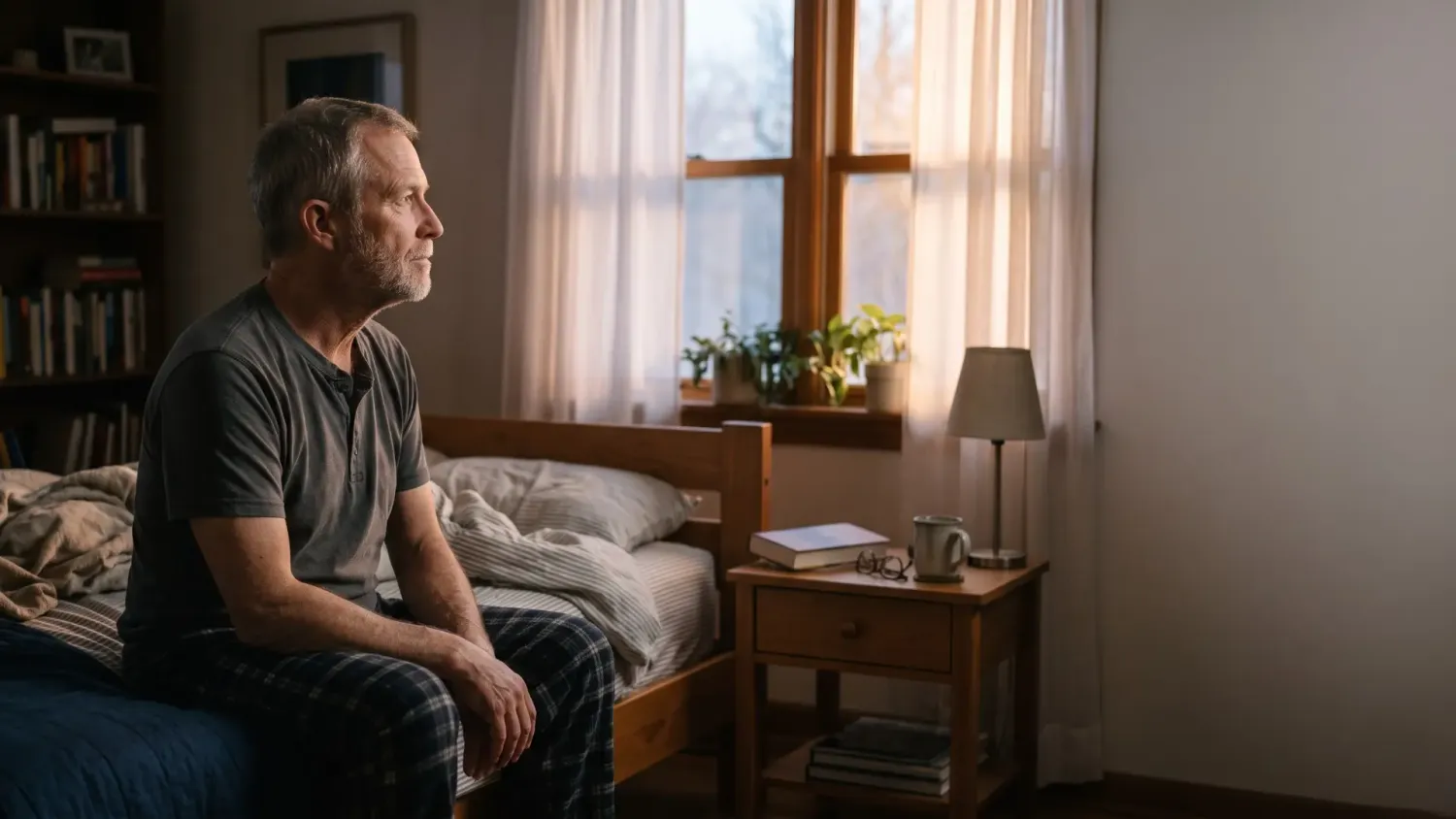A man in his late 50s awake in the early morning light