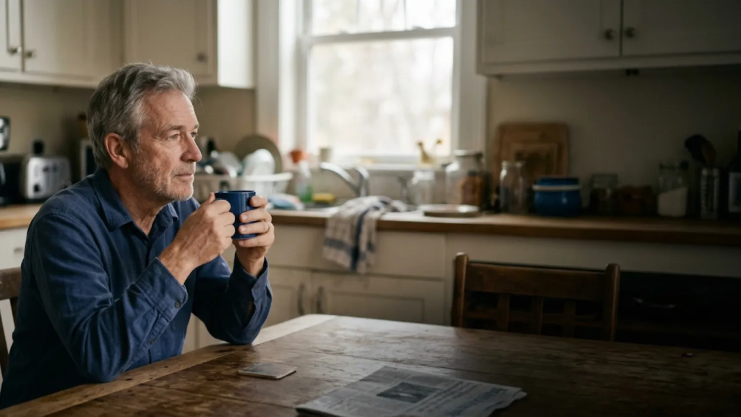 A man in his late 50s at the kitchen table in morning light