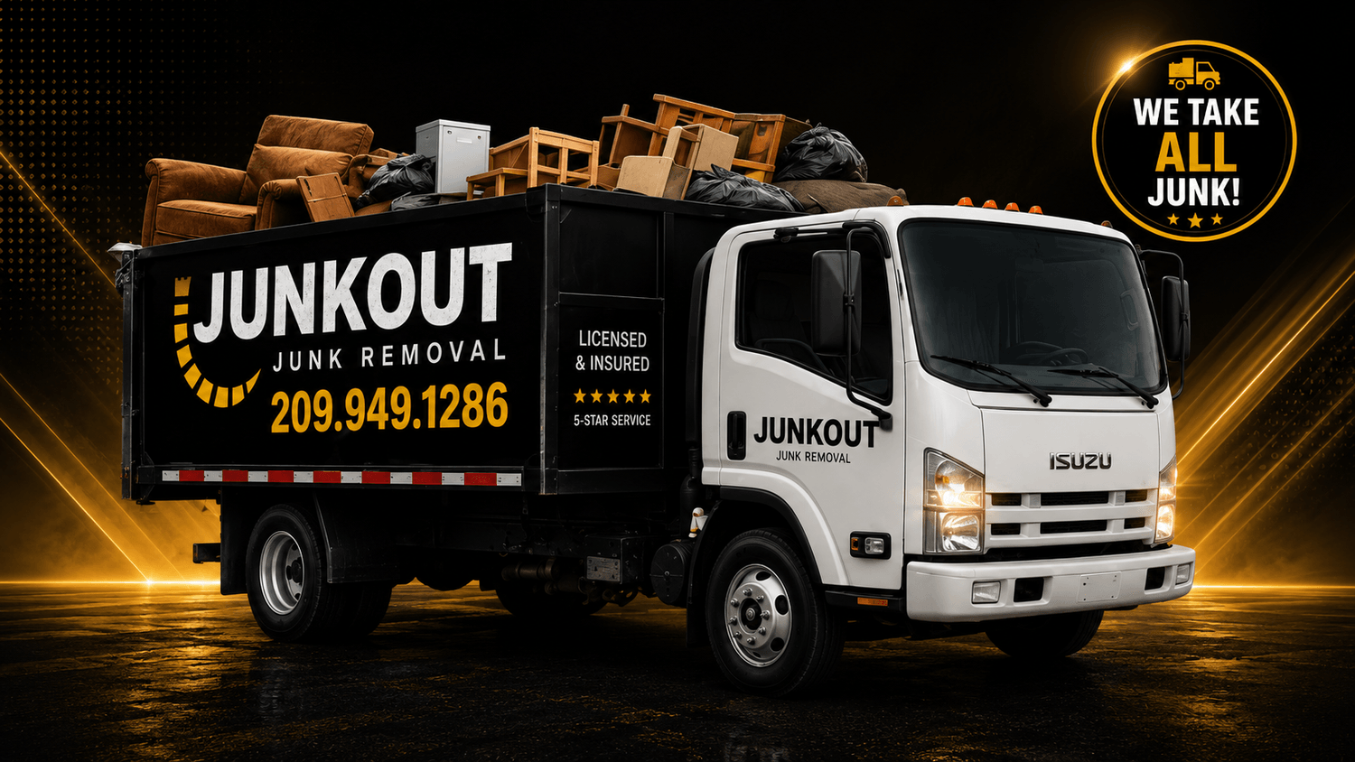 JunkOut junk removal truck serving Stockton and the 209 area