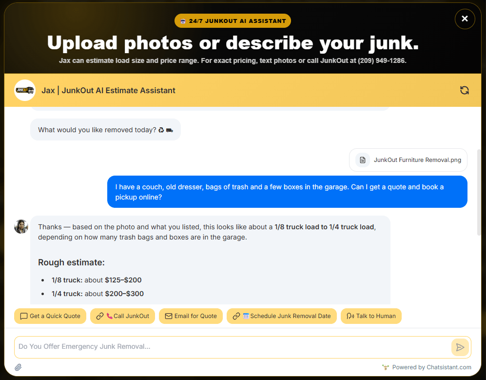 Example of JunkOut AI assistant estimating junk removal from photos and job details