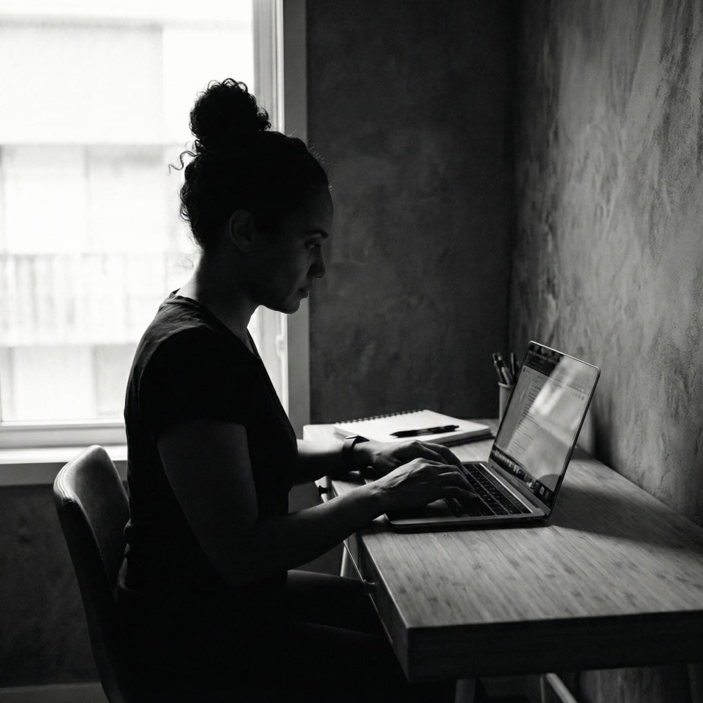 woman working laptop, home, warm