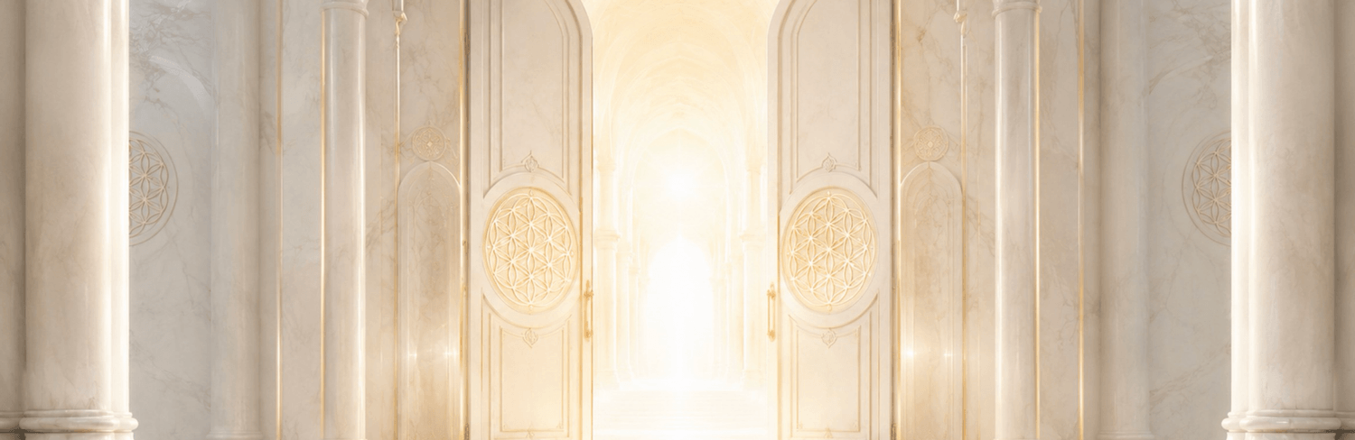 Portes de marbre crème et or ouvertes sur une lumière, ornées de fleurs de vie.