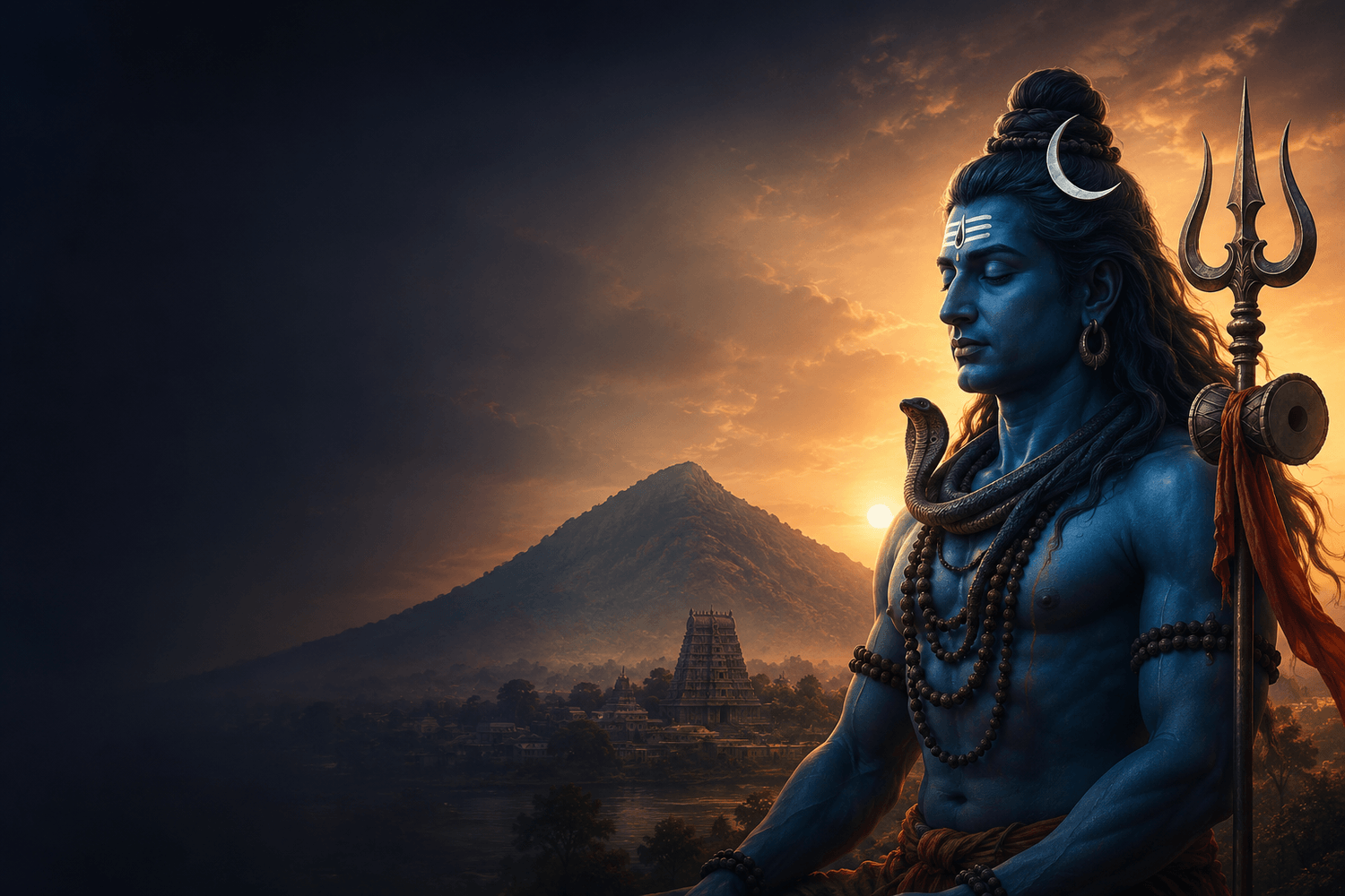 Shiva en méditation au crépuscule, devant la montagne sacrée d’Arunachala.