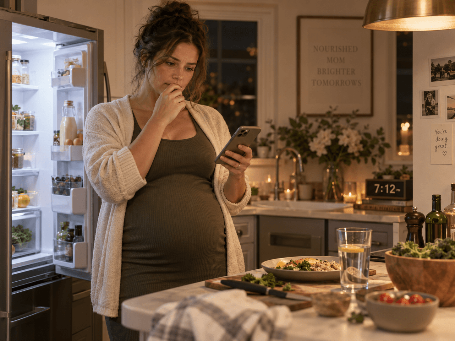 Pregnant woman pausing thoughtfully in her kitchen while deciding what to eat