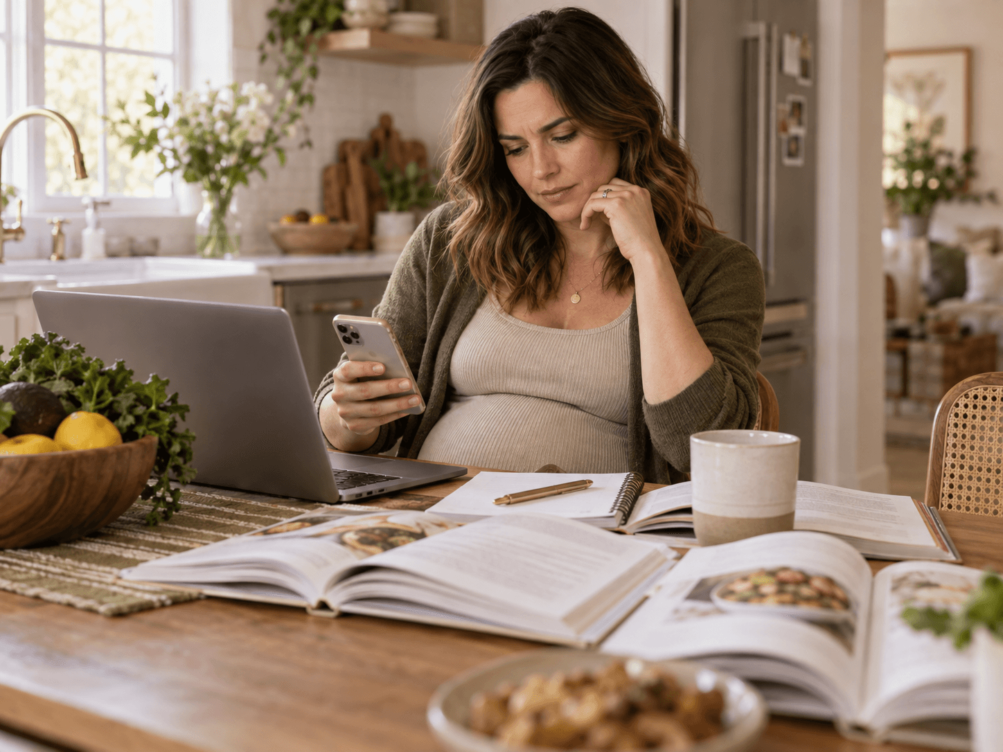 Expectant mother comparing conflicting pregnancy food information while sitting at her kitchen table
