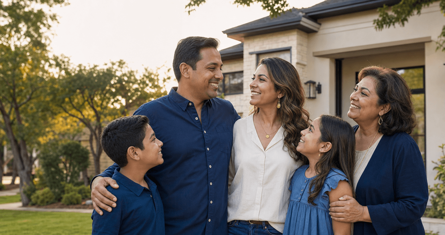 A multigenerational family together outside their home