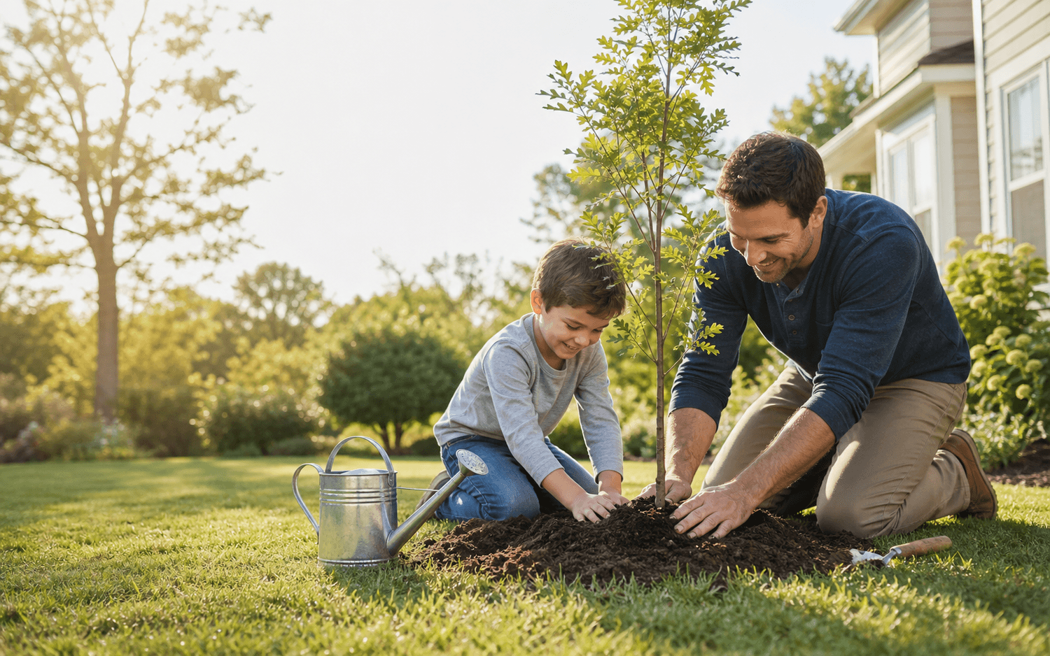 A parent and child planting a young tree together