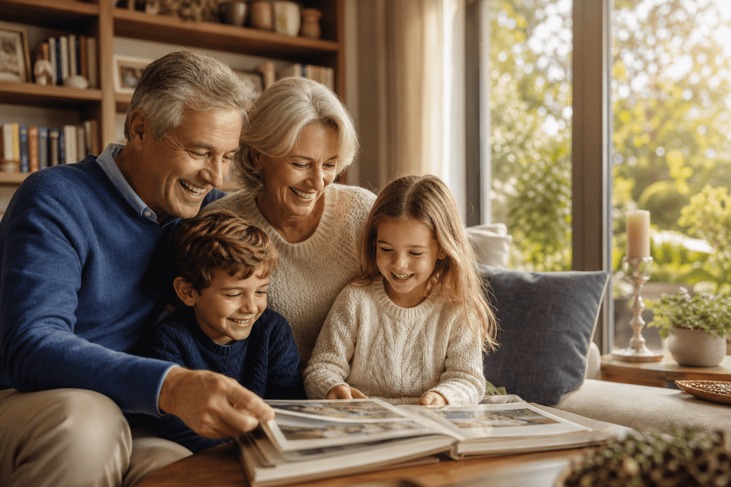 Grandparents sharing family memories with their grandchildren