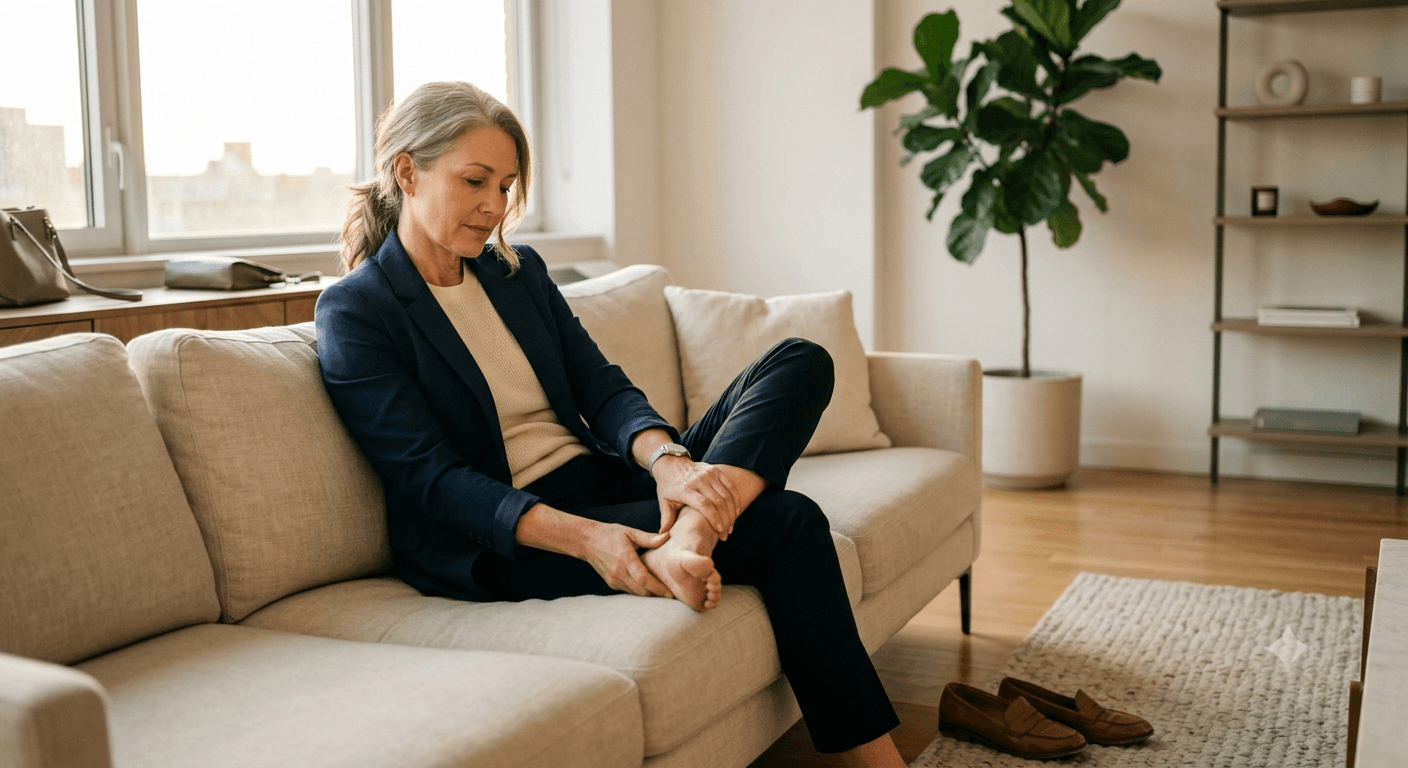 Woman noticing ankle swelling after a long day