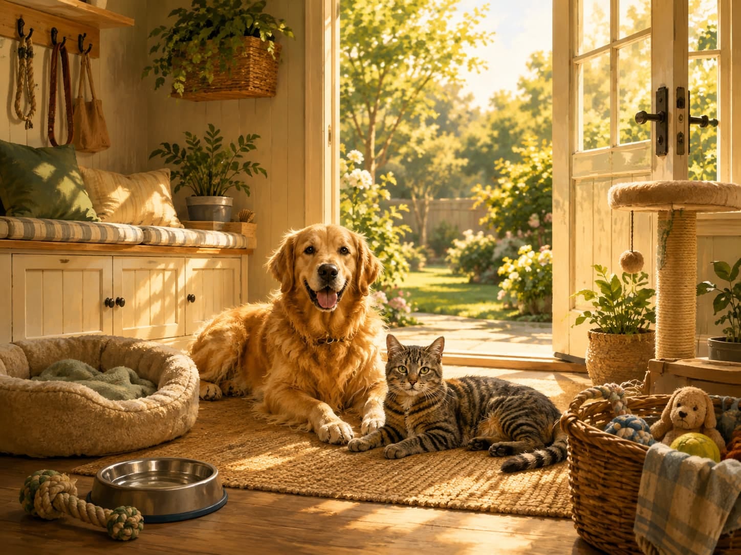 Illustrated dog and cat relaxing in a pet-friendly home