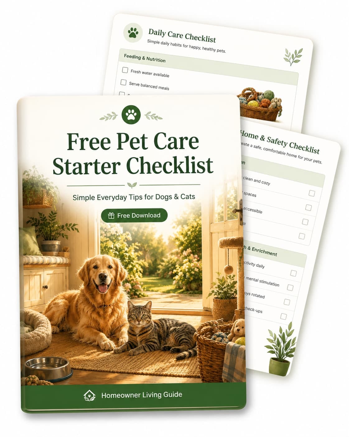 Free Pet Care Starter Checklist cover by Homeowner Living Guide featuring a golden dog and tabby cat in a cozy sunlit home.