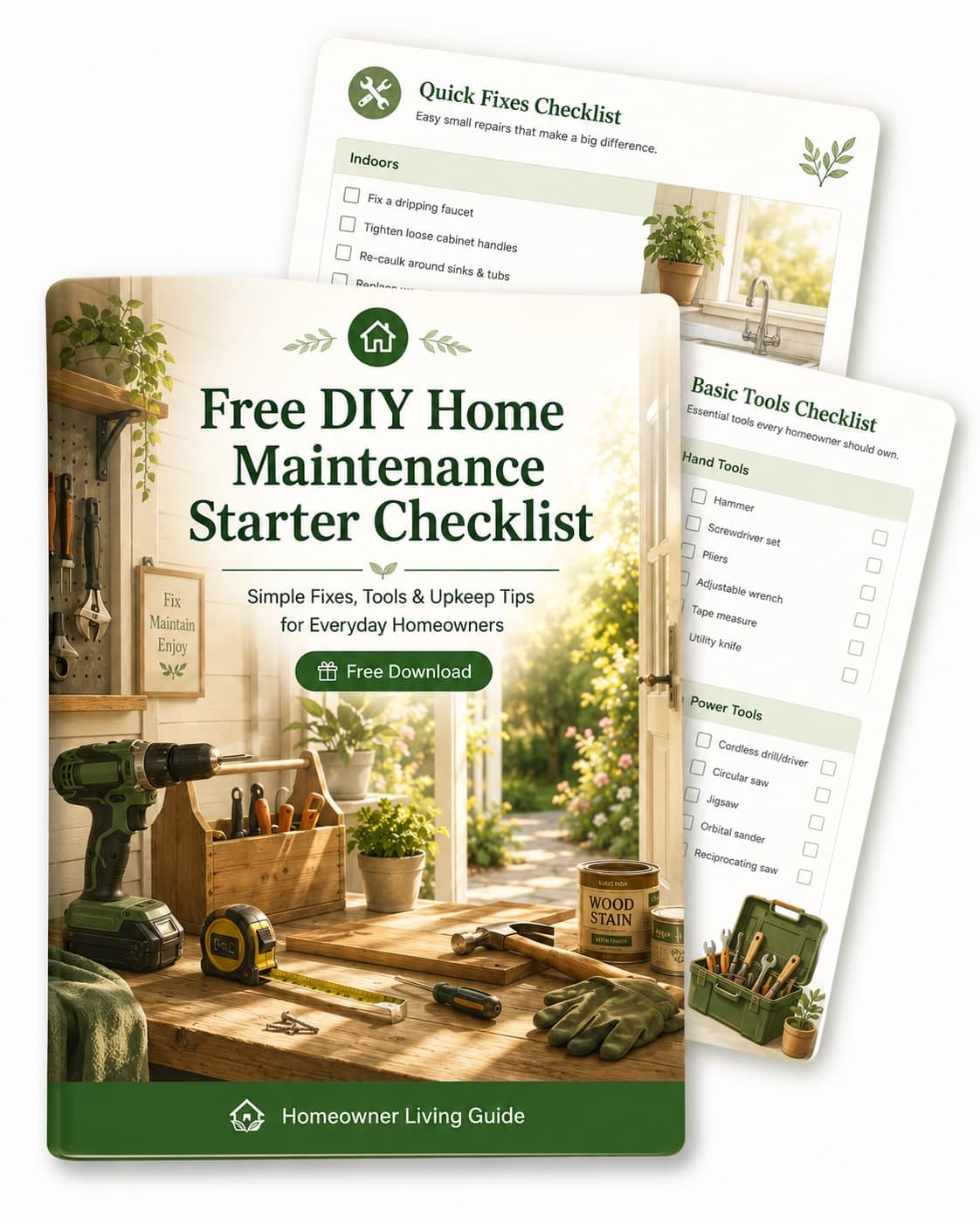 Free DIY Home Maintenance Starter Checklist cover with tools, workbench, and home repair checklists.