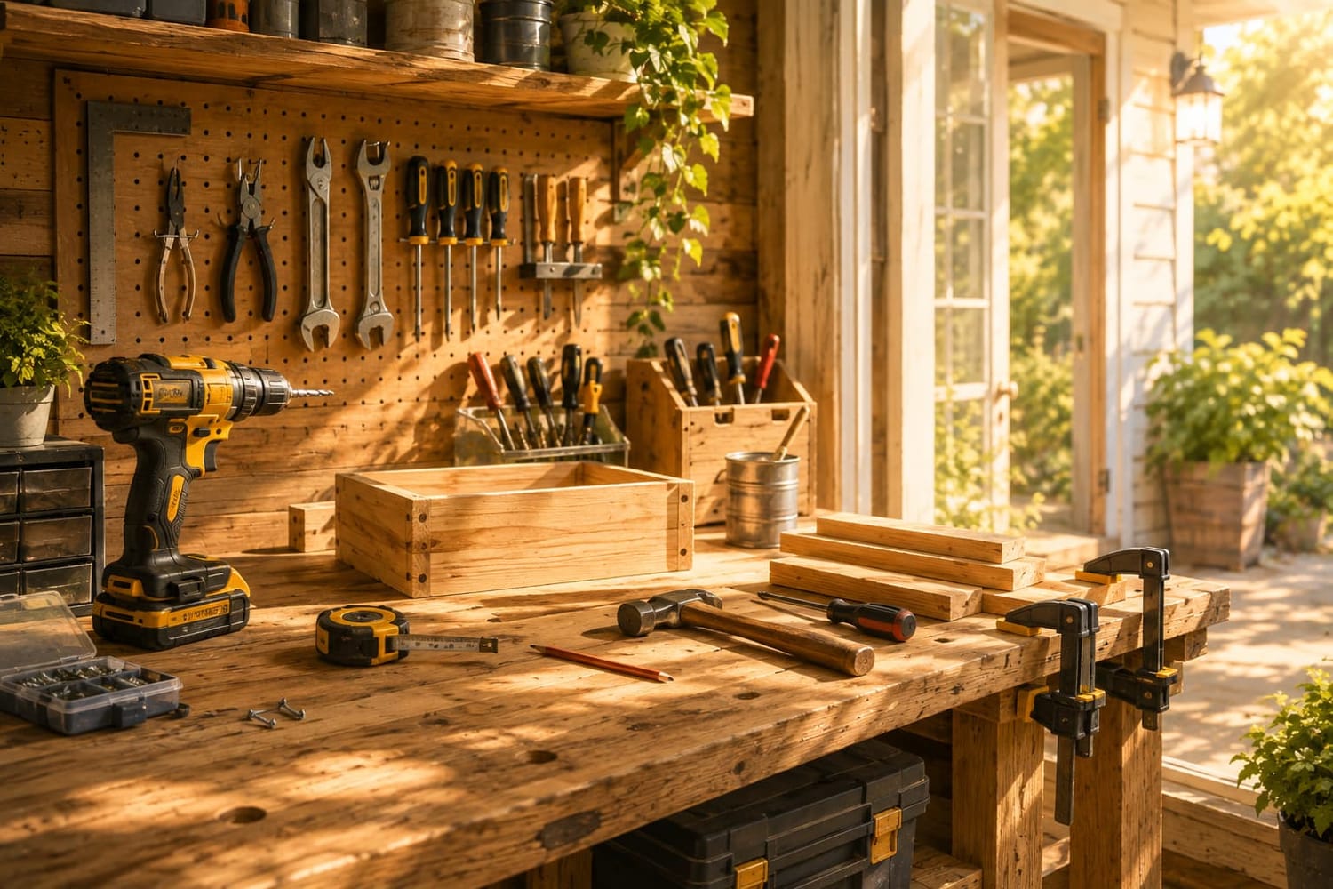 DIY home workshop with tools, workbench, drill, and simple home repair materials.