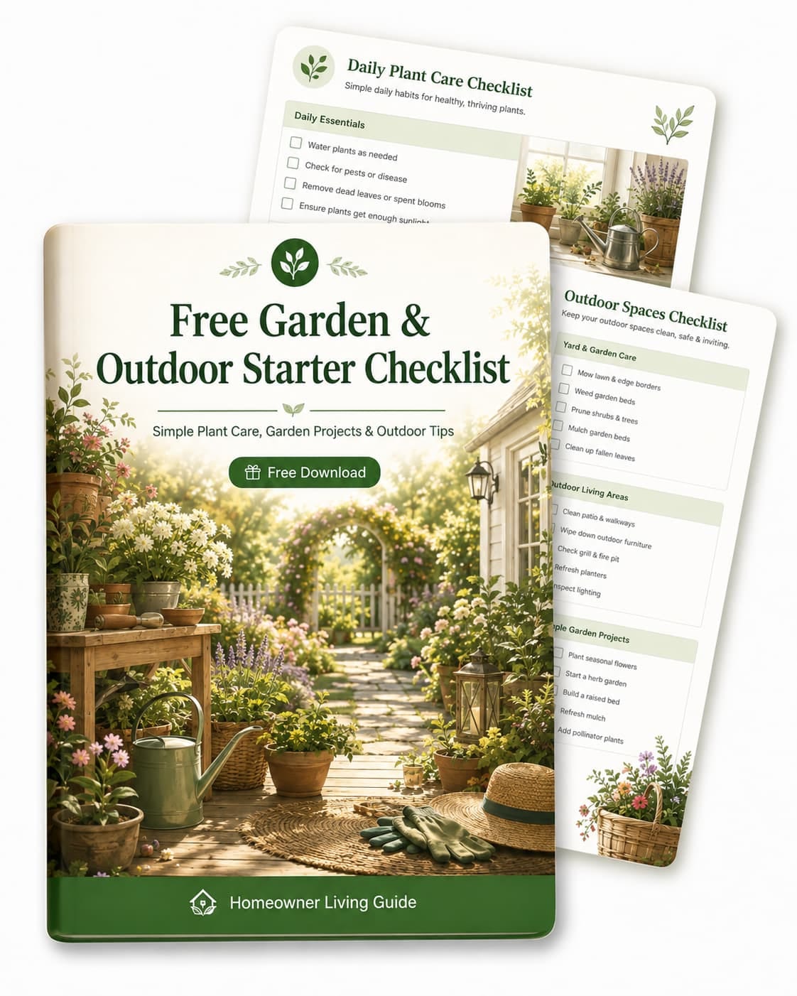 Garden and outdoor starter checklist cover with a cozy garden illustration by Homeowner Living Guide
