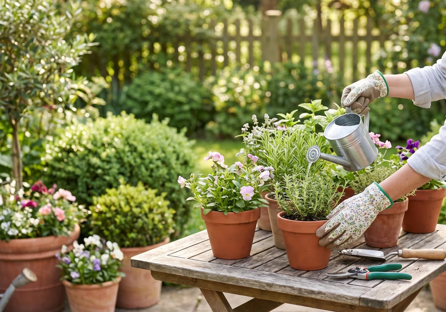 Garden tools and potted herbs arranged for regular outdoor maintenance
