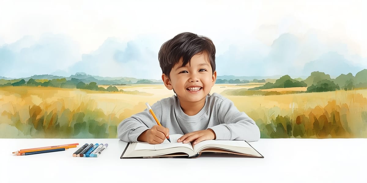 happy child doing a workbook at a table, watercolor