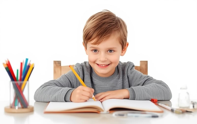 happy child doing a workbook at a table, watercolor