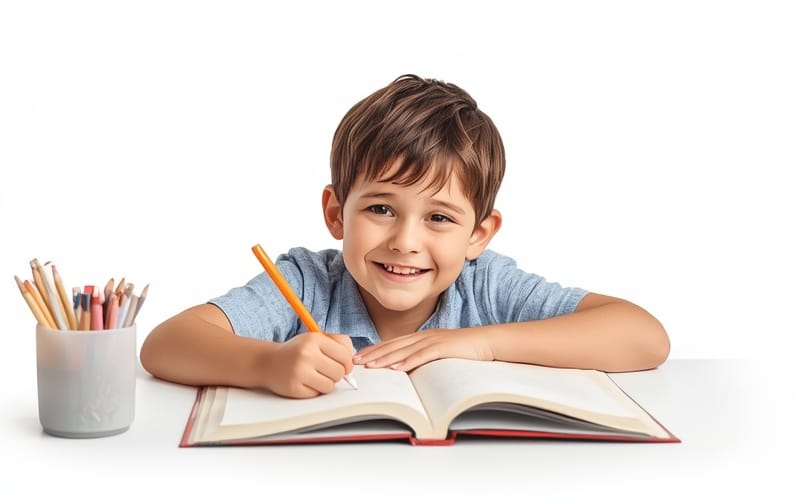 happy child doing a workbook at a table, watercolor