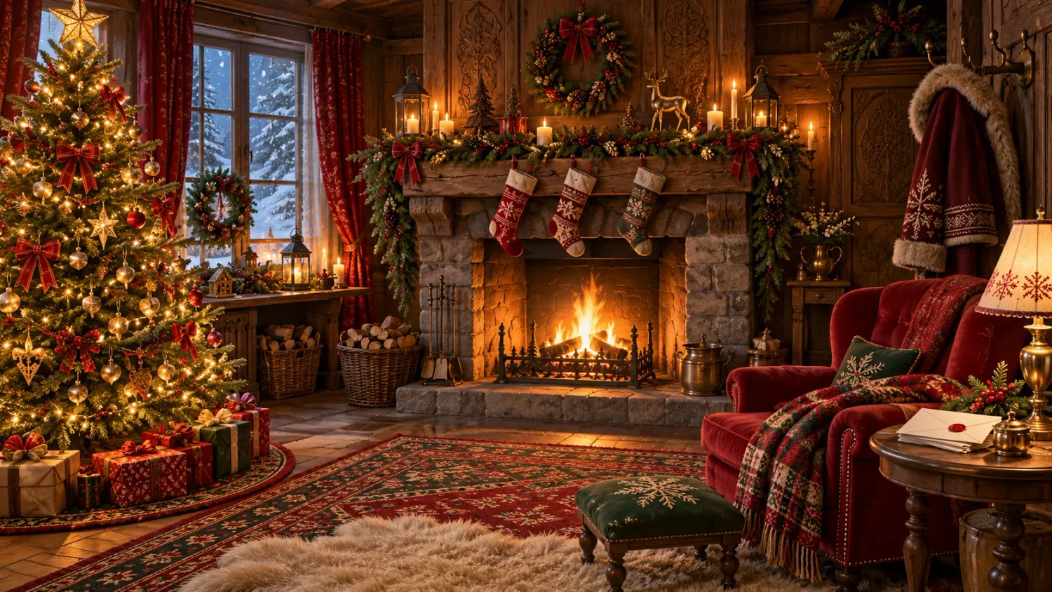 Boréal’s parlour with its fireplace and Christmas decorations
