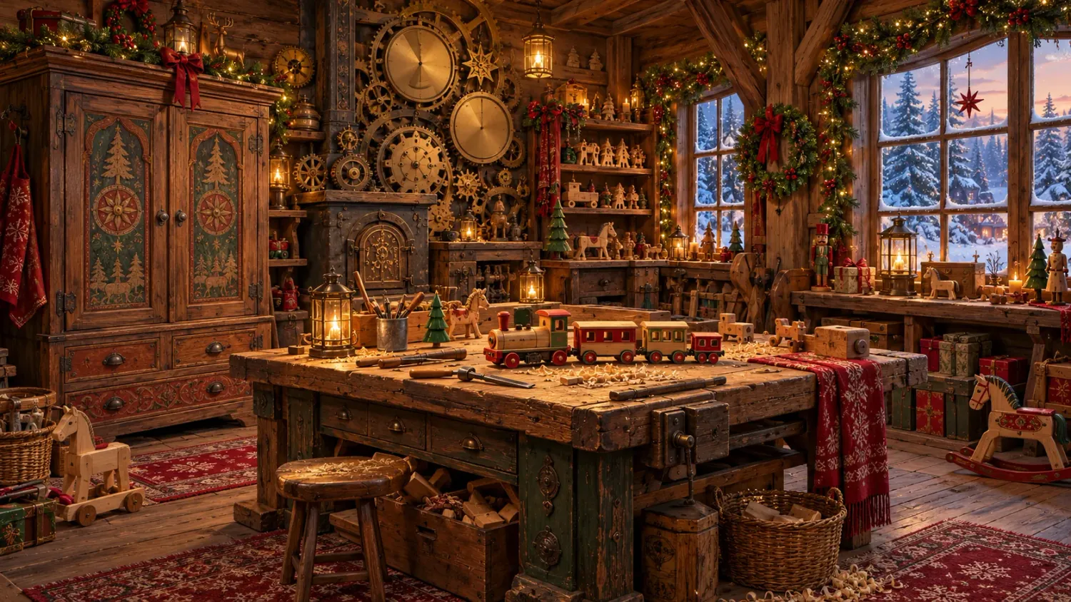 The workshop of wonders, filled with toys and workbenches