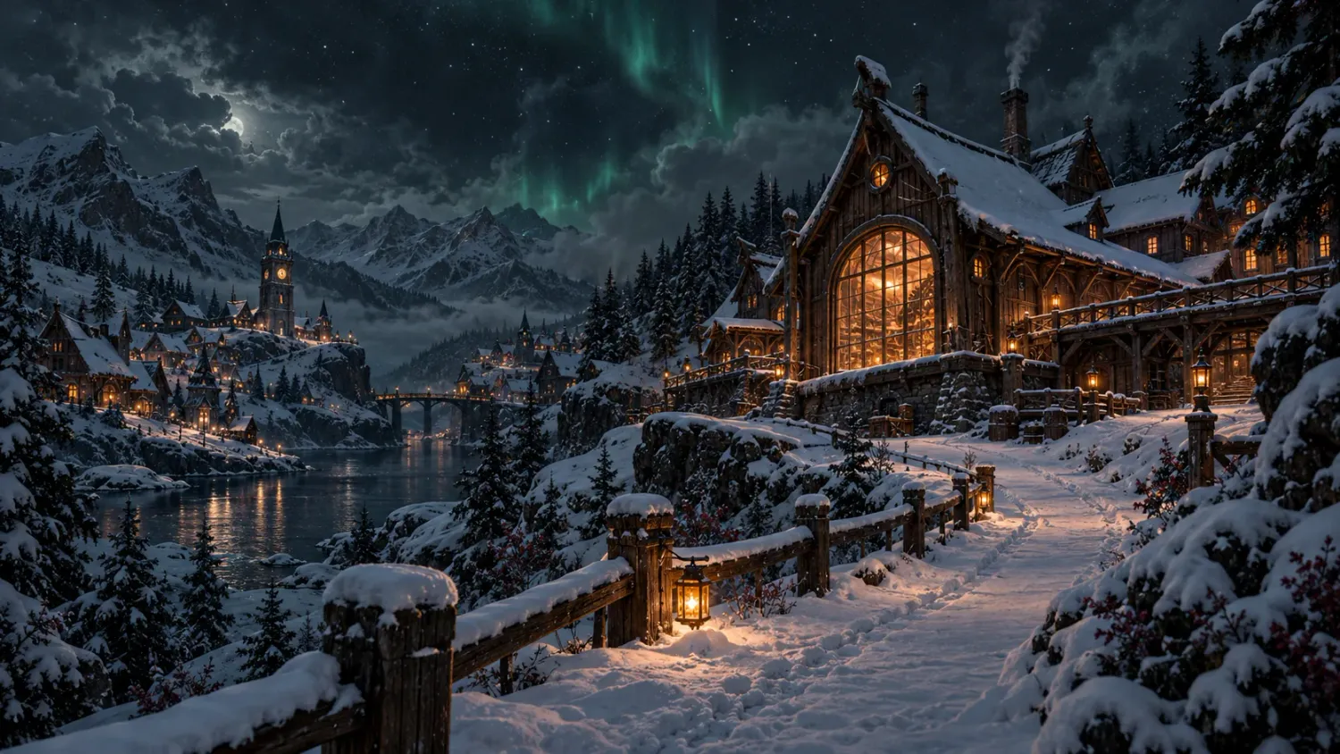 Snow-covered Boréal, with glowing windows on Christmas night