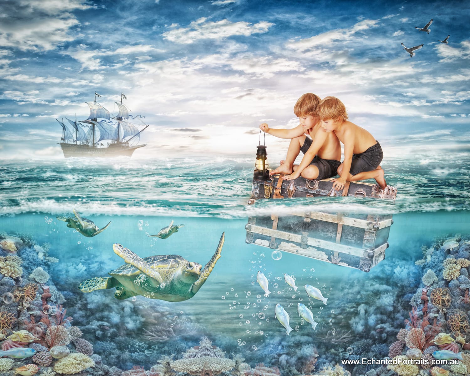 Twin brothers transformed into an enchanted ocean fantasy portrait