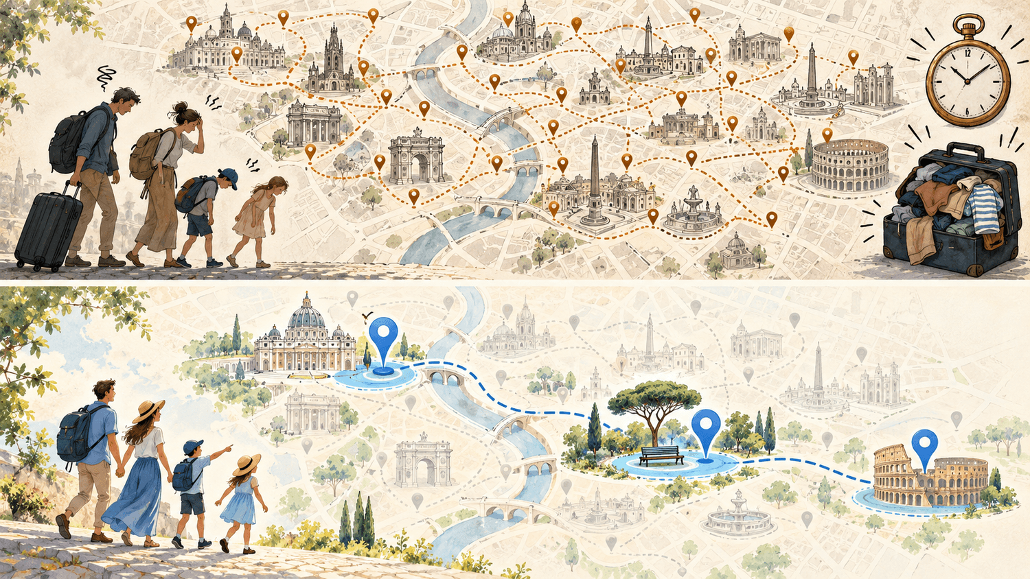 A visual comparison between an overloaded itinerary and the 2 plus 1 family travel method