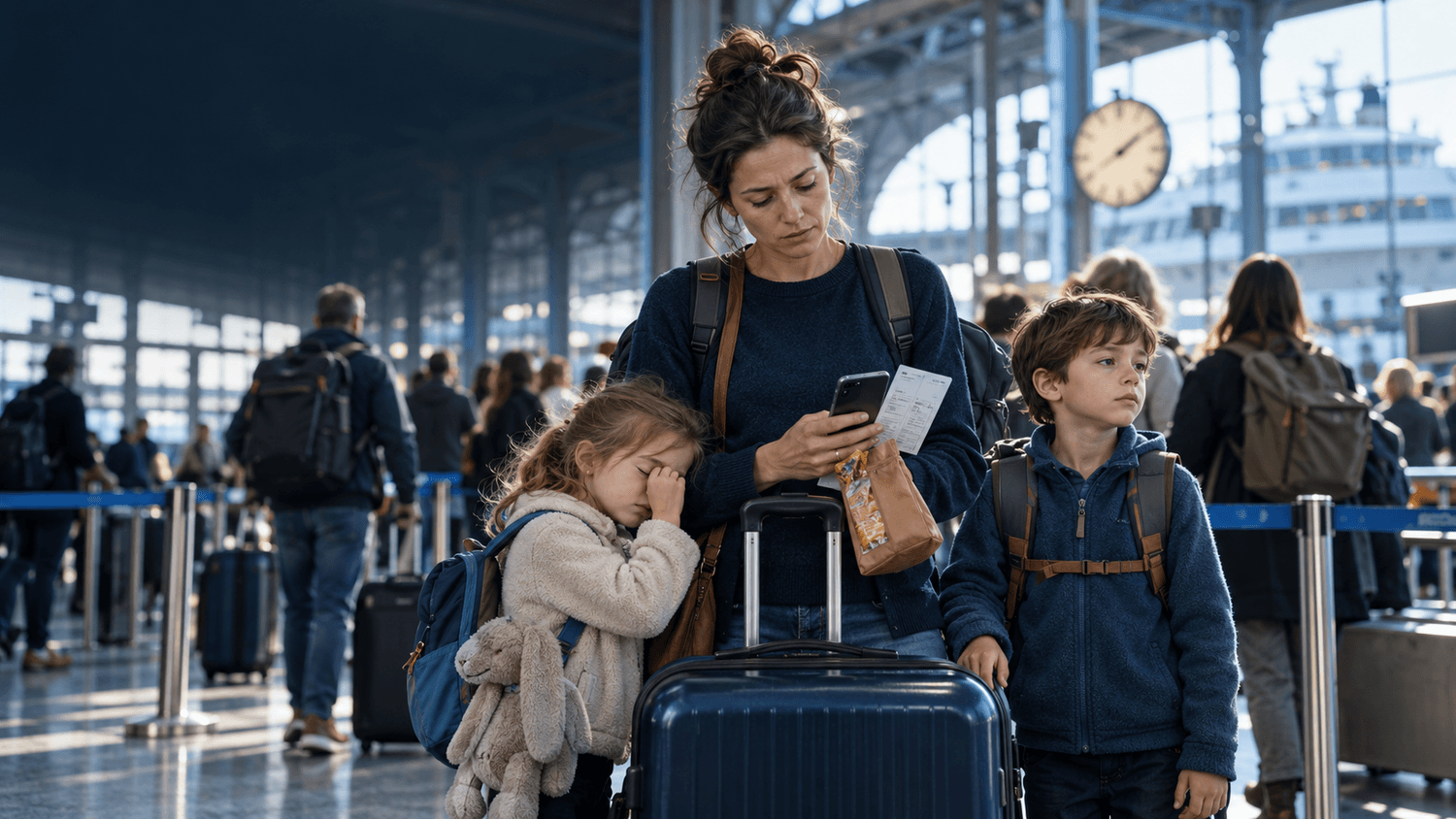 A parent managing the small pressures of family travel