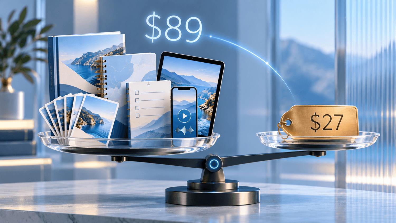 A modern balance showing the value of six family travel resources compared with the price