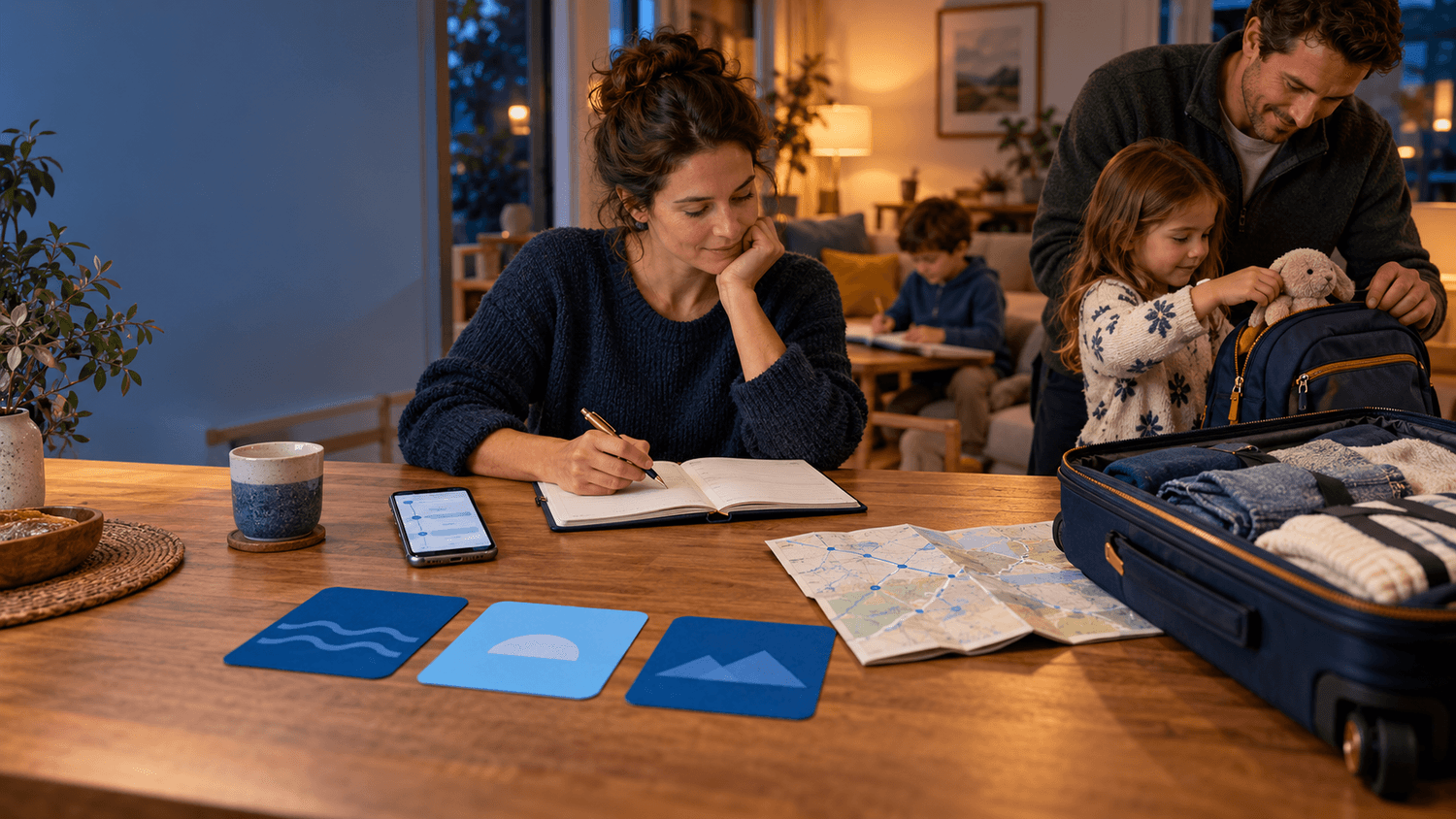 A family calmly preparing for travel the evening before departure