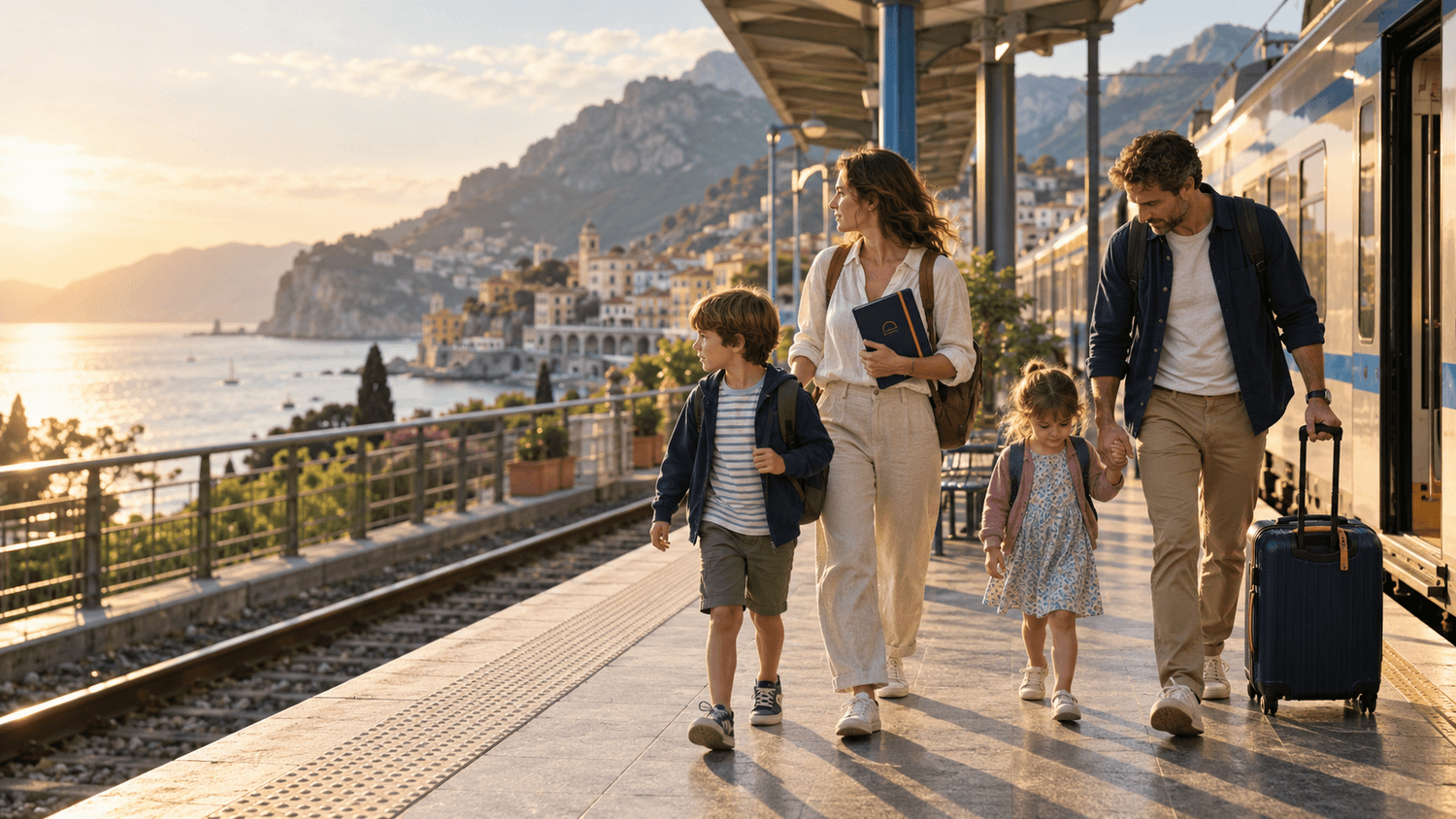 A calm family travelling together in a real-world setting