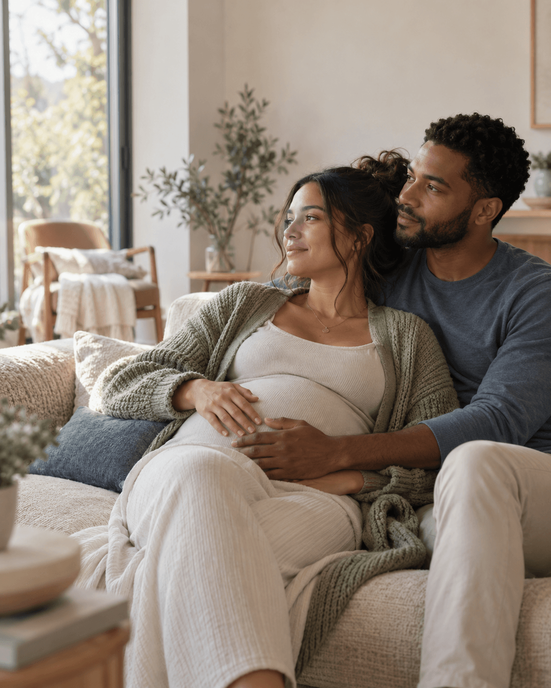 Expecting couple relaxing together at home
