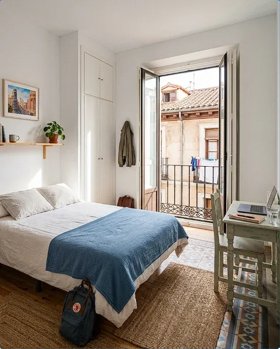 Habitación de alquiler en Madrid centro con escritorio y cama, ideal para estudiantes y trabajadores.