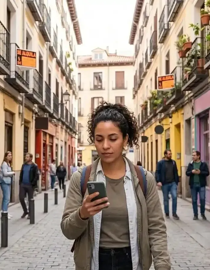 Joven latina busca habitaciones en alquiler en Madrid en su celular y el barrio de las letras de fondo