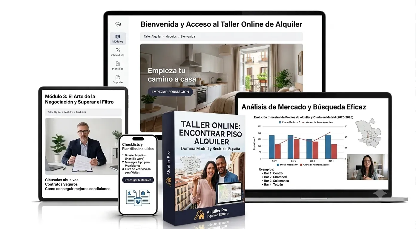 Infoproducto multiplataforma del taller online para buscar piso de alquiler en Madrid, mostrando pantallas de ordenador, portátil, tablet y móvil con la interfaz del curso y la caja del producto sobre un escritorio.
