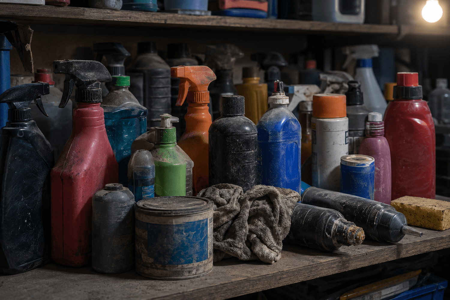 A cluttered garage shelf of car care products