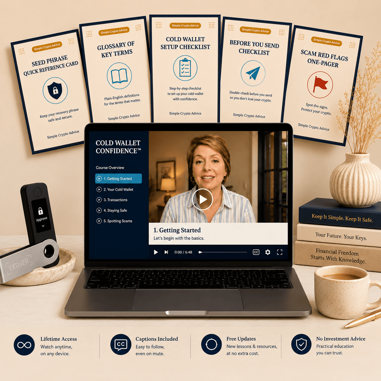 Cold Wallet Confidence video course shown on a laptop with five printable crypto safety bonus guides