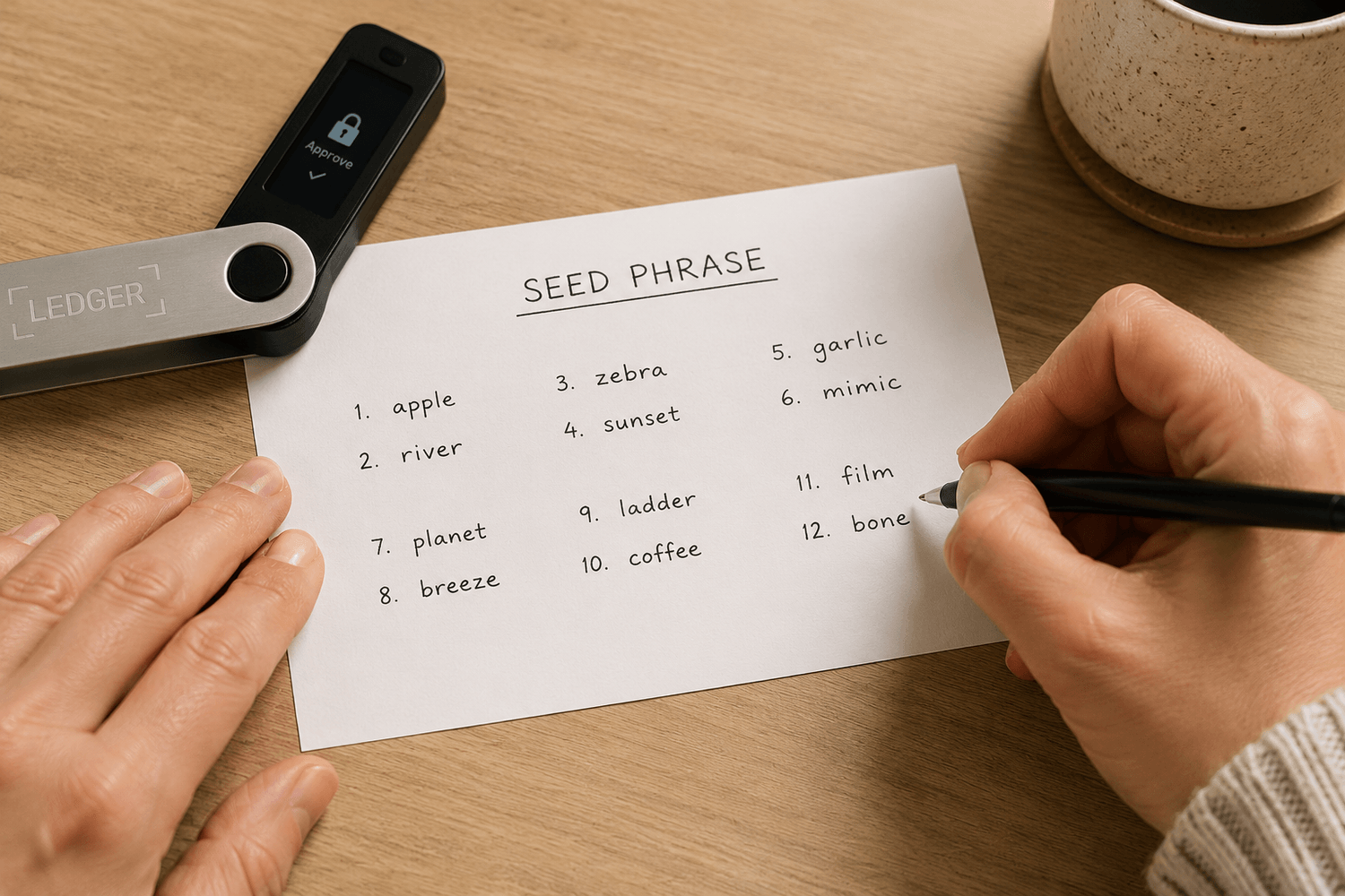 Writing down a seed phrase for secure cold wallet storage