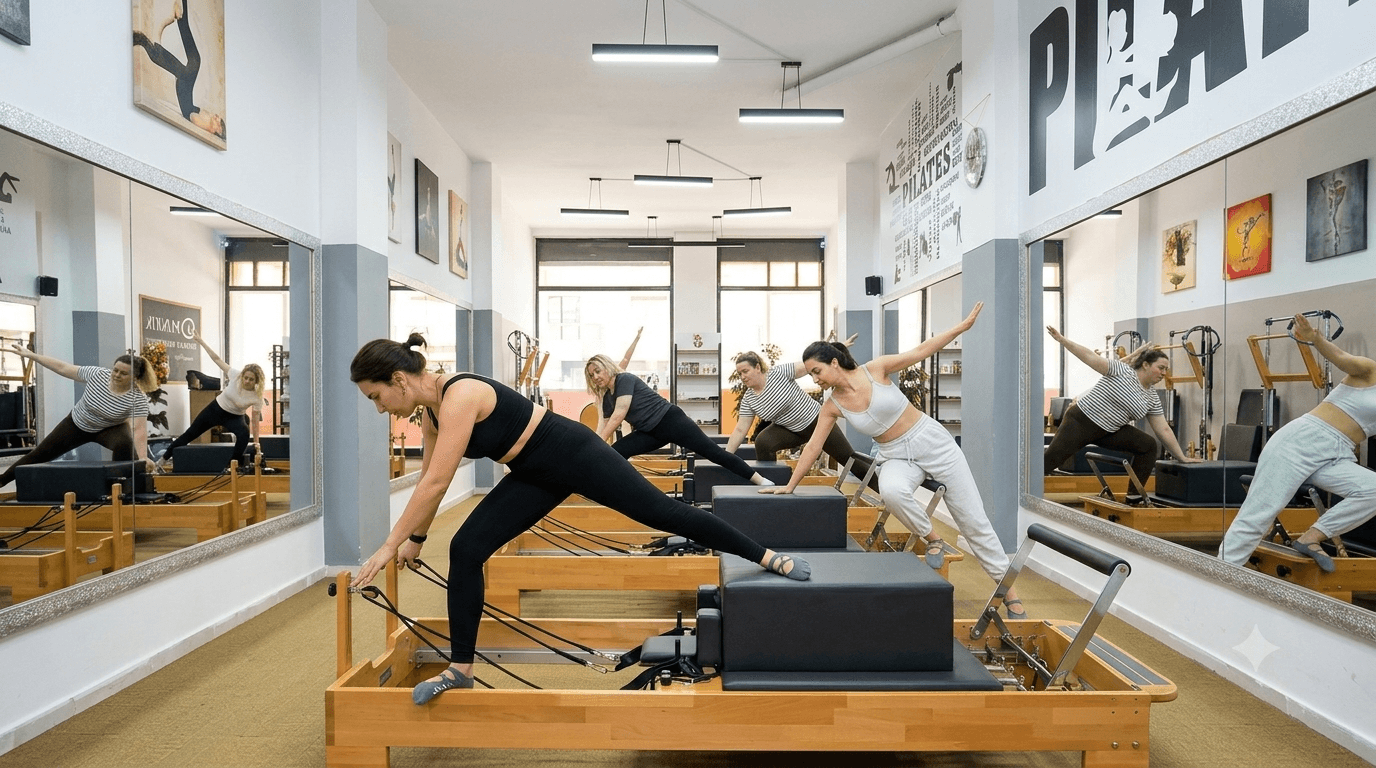 Hoca eşliğinde reformer pilates hareketi yapan kadın - Pilates Aynur