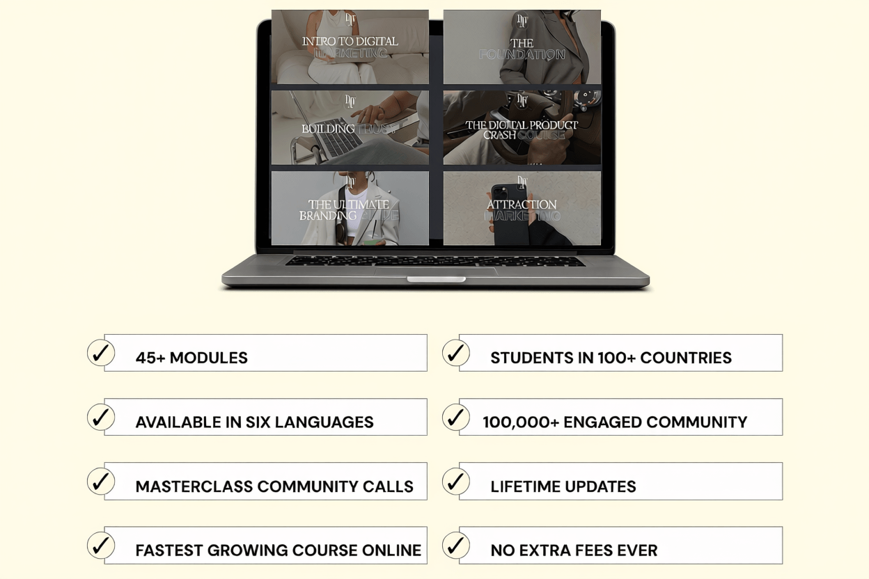 Digital Wealth Academy course modules on laptop screen: Intro to Digital Marketing, The Foundation, Building Trust, Digital Product Crash Course, Ultimate Branding Guide, Attraction Marketing