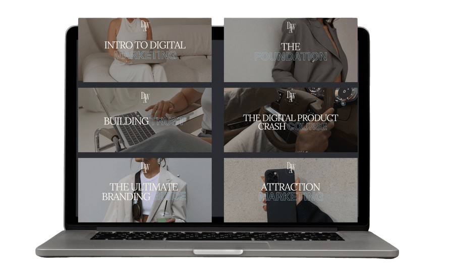 Digital Wealth Academy course modules on laptop screen: Intro to Digital Marketing, The Foundation, Building Trust, Digital Product Crash Course, Ultimate Branding Guide, Attraction Marketing