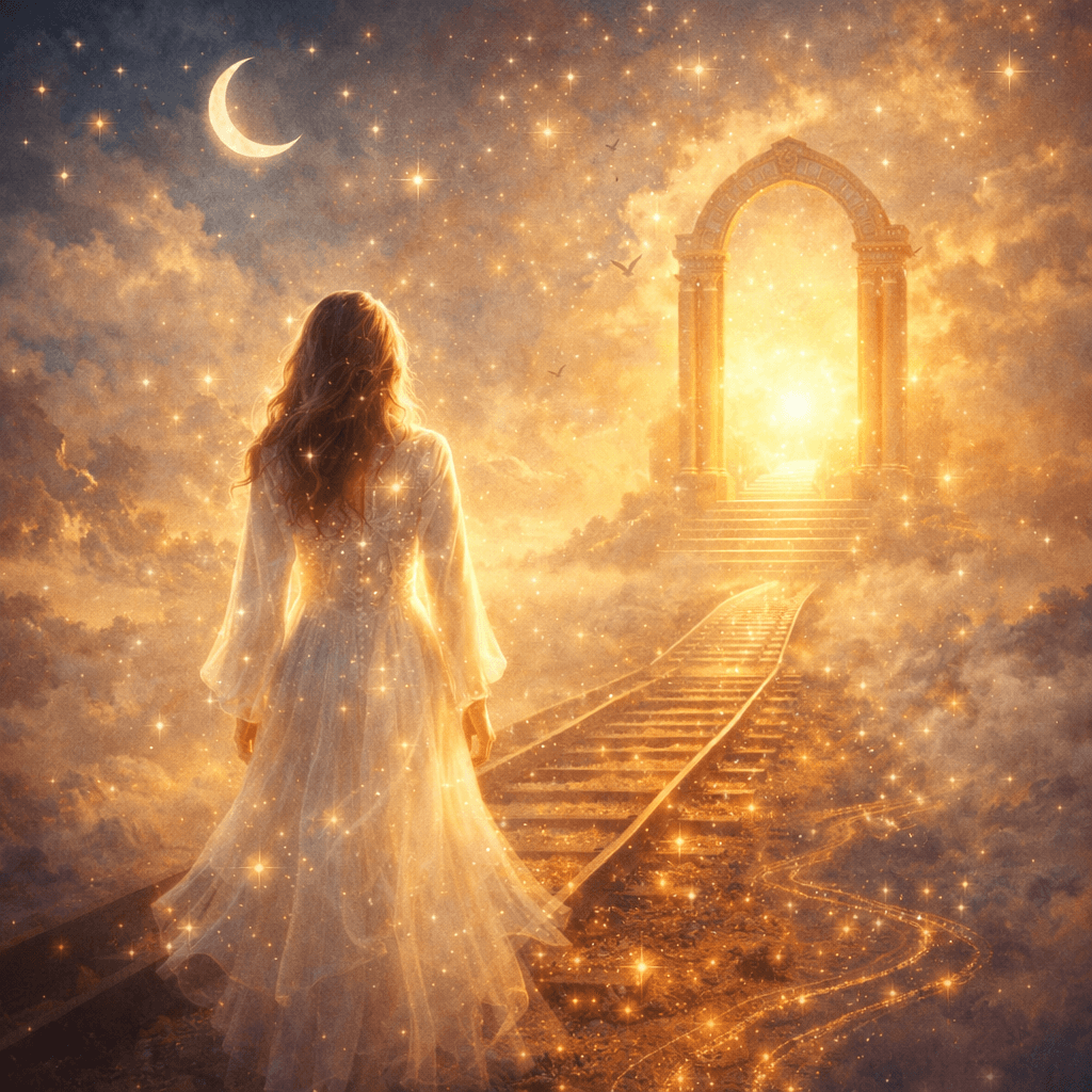 Parábola espiritual sobre autoconhecimento e escolhas, representada por uma mulher luminosa diante de um portal mágico, simbolizando a transição e coragem interior