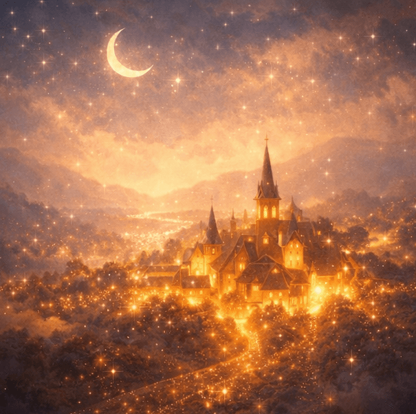 Aldeia mágica iluminada por luz dourada, simbolizando a realização interior e plenitude da viagem da alma